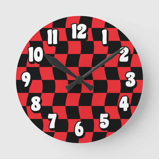 Retro Red Black Vågigt Checker Mönster Rund Klocka (Framsida)