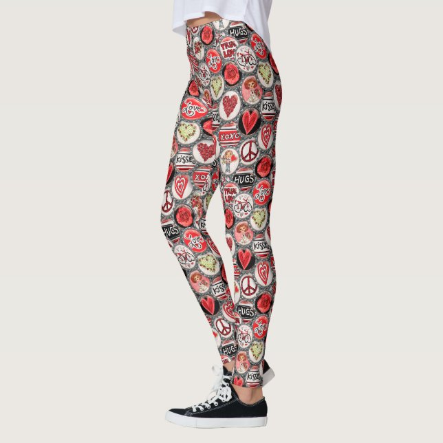Retro Red Blommigt Heart Valentine Day Flaska Cap Leggings (Vänster)