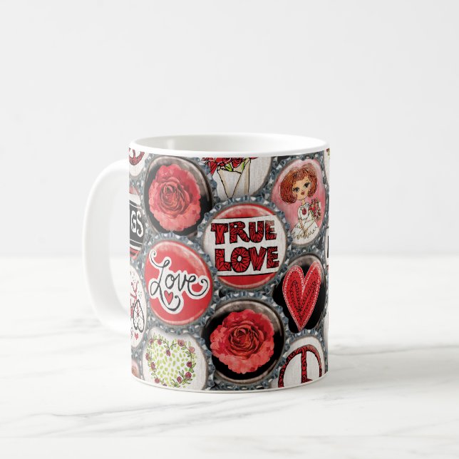 Retro Red Blommigt Hearts Äkta kärlek Alla hjärtan Kaffemugg (Framsida vänster)