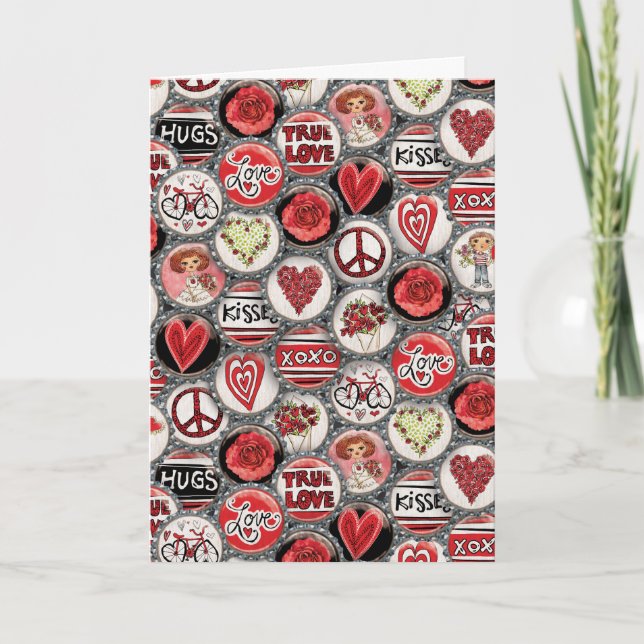 Retro Red Blommigt Hearts Flaska Cap Valentine Day Helgkort (Framsida)