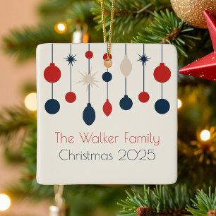 Retro Red Blue Anpassningsbar 2025-familjens jul Julgransprydnad Keramik