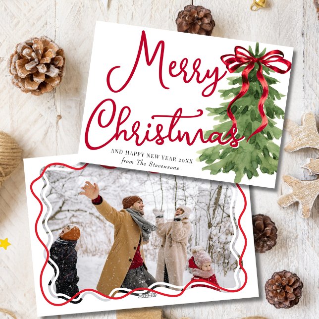 Retro Red Bow Gräs Squiggle Ram Photo jul Julkort (Skapare uppladdad)