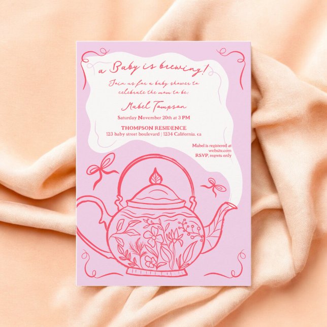Retro Red bows tekanna baby andas babydusch Inbjudningar (Retro red bows teapot baby is brewing Baby shower Invitation)