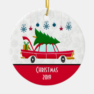 Retro Red Car med Julgran Julgransprydnad Keramik