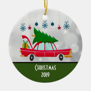 Retro Red Car med Julgran Julgransprydnad Keramik