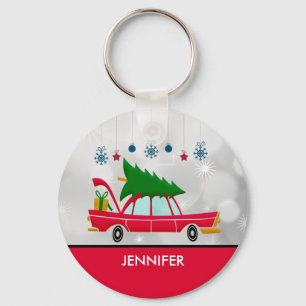 Retro Red Car med Julgran Nyckelring