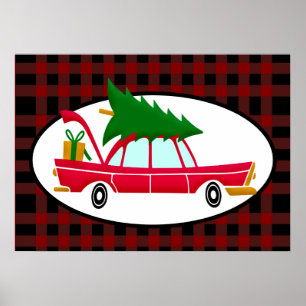 Retro Red Car med Julgran Poster