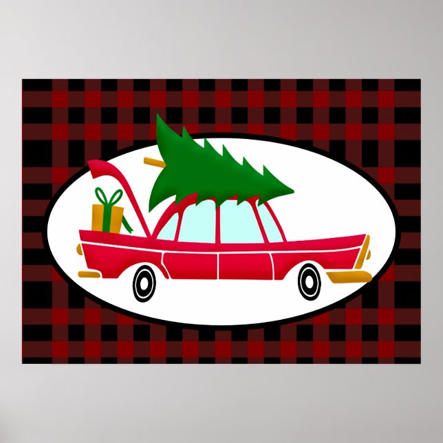 Retro Red Car med Julgran Poster (Framsidan)