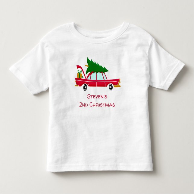 Retro Red Car med Julgran T Shirt (Framsida)