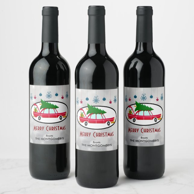 Retro Red Car med Julgran Vinflaska Etikett (Flaskor)