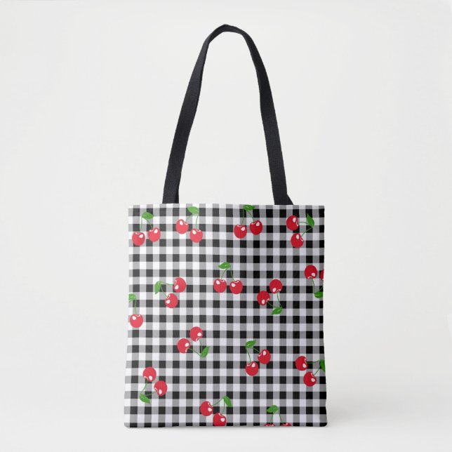 Retro Red Cherry Black White Buffalo Play Gingham Tygkasse (Framsida)