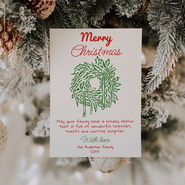 Retro Red Drawn Bow Wand Non Photo- Jul Julkort (Skapare uppladdad)