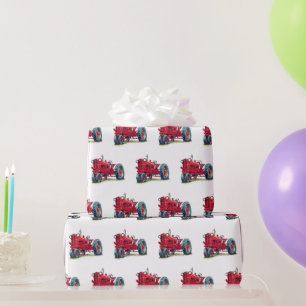 Retro Red Farm Tractor on White Presentpapper