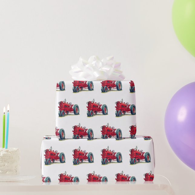 Retro Red Farm Tractor on White Presentpapper (Festgåvor)