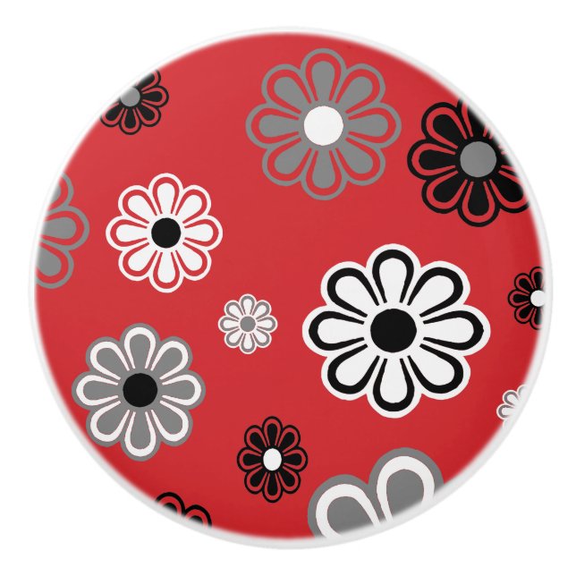 Retro Red Flower Power, keramisk knopp (Framsidan)