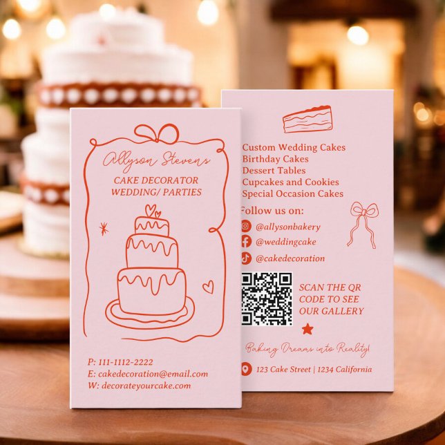 Retro red Fransk Skribbles tårdekorator qr-kod Visitkort (Retro red French Scribbles cake decorator qr code Business Card)
