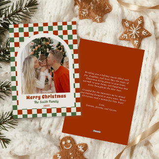 Retro Red Green Checkerboard Photo Arch Christmas Julkort
