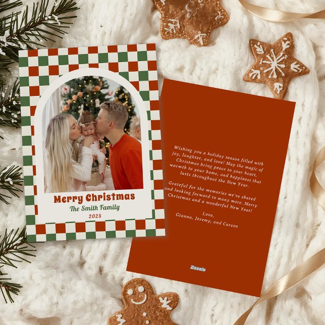 Retro Red Green Checkerboard Photo Arch Christmas Julkort (Skapare uppladdad)
