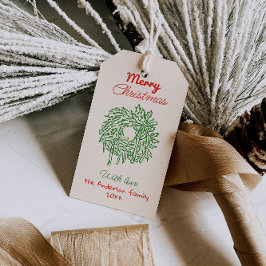 Retro Red Green Drawn Bows Wreath Merry Christmas Presentetikett