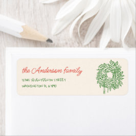 Retro Red Green Hand Drawn Bow Wreath Christmas Returadress Etikett