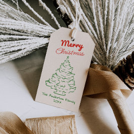 Retro Red Green Hand Drawn Christmas Tree Vintage Presentetikett