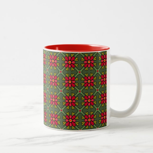 Retro Red & Grönt Blommigt Geometric Mugg (Höger)