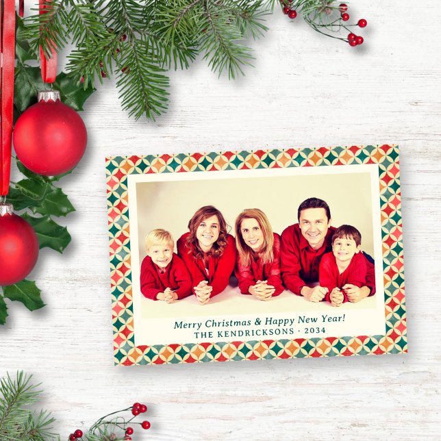 Retro Red/Grönt/Guld Stars Helgdag Photo Julkort (Retro-Inspired Red Green Gold Stars Holiday Photo Card)