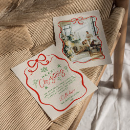 Retro Red Grönt Hand plockade Quirky Bow jul Julkort