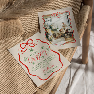 Retro Red Grönt Hand plockade Quirky Bow jul Julkort