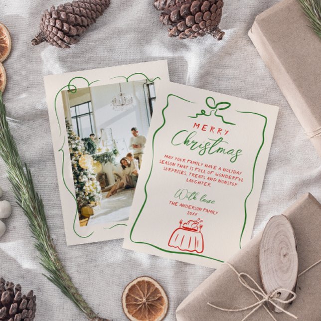 Retro Red Grönt Handskriven ritad fotojul Julkort (Skapare uppladdad)