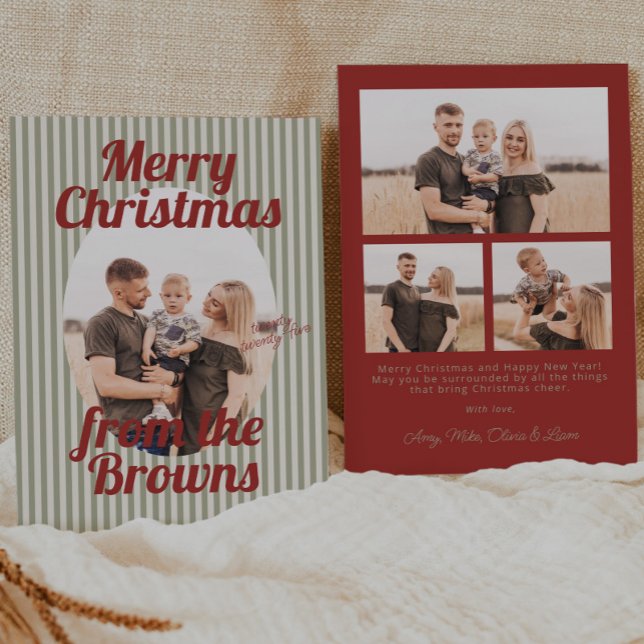 Retro Red Grönt Rand Boho Oval Photo jul Julkort (Skapare uppladdad)