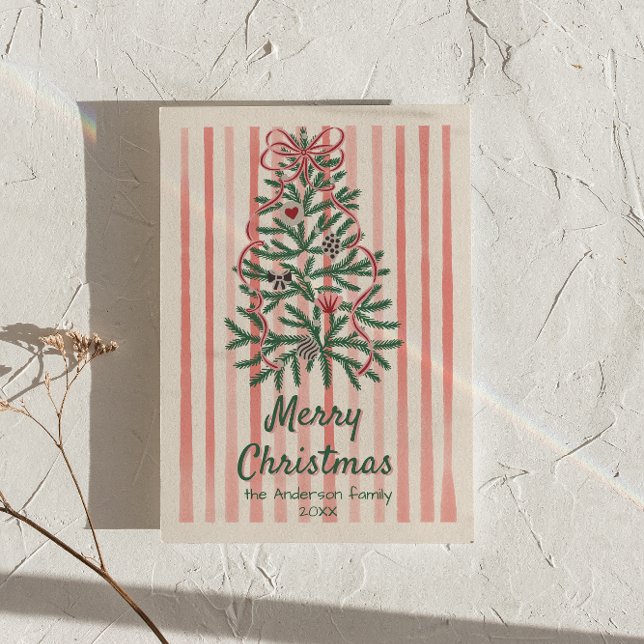 Retro Red Grönt Rosett band Träd jul, ej fotfoto Julkort (Skapare uppladdad)