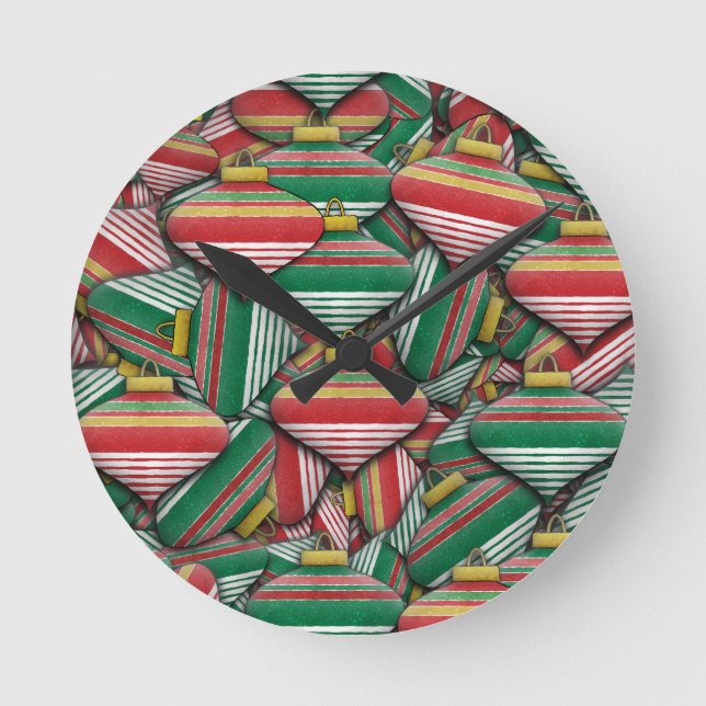 Retro Red Grönt Stripe Ornament Mönster Design Rund Klocka (Framsida)