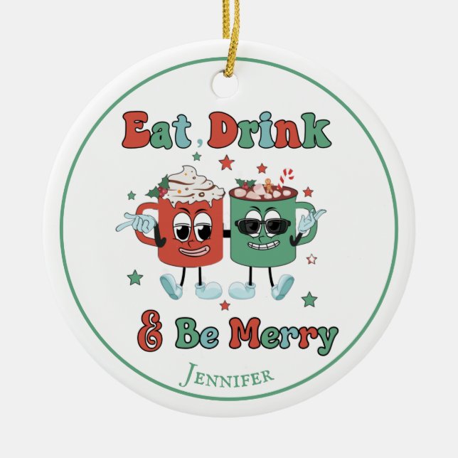 Retro Red Grönt Tecknad Dancing Julgransprydnad Keramik (Framsidan)