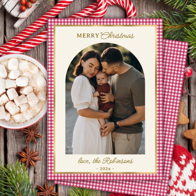 Retro Red Guld Play Arch Photo God jul Julkort (Skapare uppladdad)