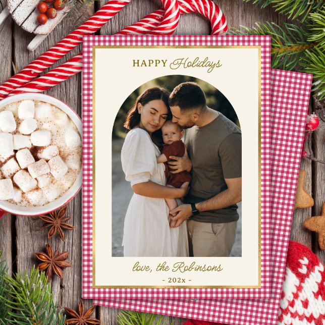 Retro Red Guld Play Arch Photo jul Lycklig Julkort (Skapare uppladdad)