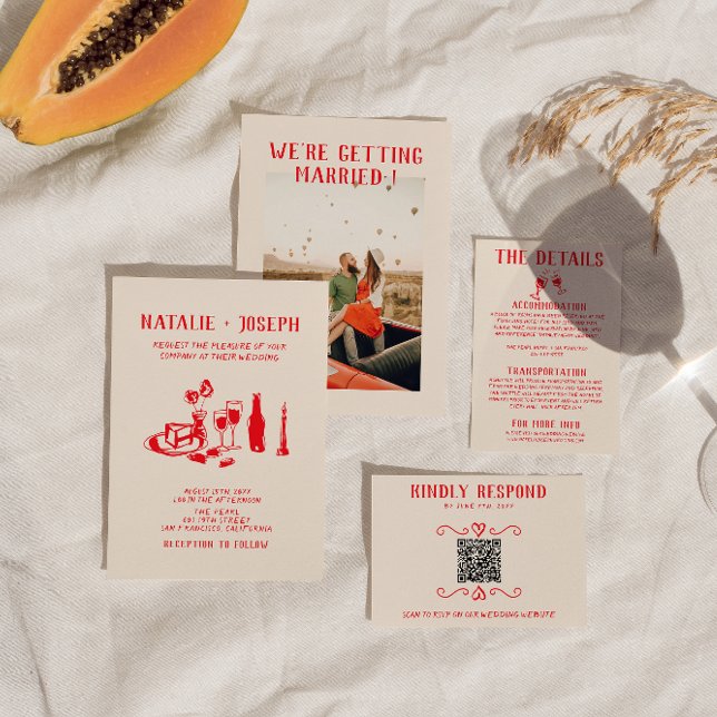 Retro Red Hand plockade Scribble Quirky Bröllop Inbjudningar (Skapare uppladdad)