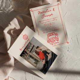 Retro Red Hand plockade-skriven cute Photo Bröllop Inbjudningar
