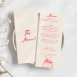 Retro Red Hand skriftlig ritad Quirky Roligt Bröll Meny<br><div class="desc">En färglös funky,  modern röd och grädd bröllop-middagsmeny. Med chic är det mallutformat för krämig,  mjölkaktig bakgrund och rödhandsskriven typografi. Med Hand plockade bordsartiklar på grund. En Perfekt och matchning med hela sviten.</div>