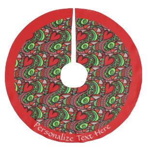 Retro Red Heart Doodle Abstract Design Personalize Julgransmatta Borstad Polyester