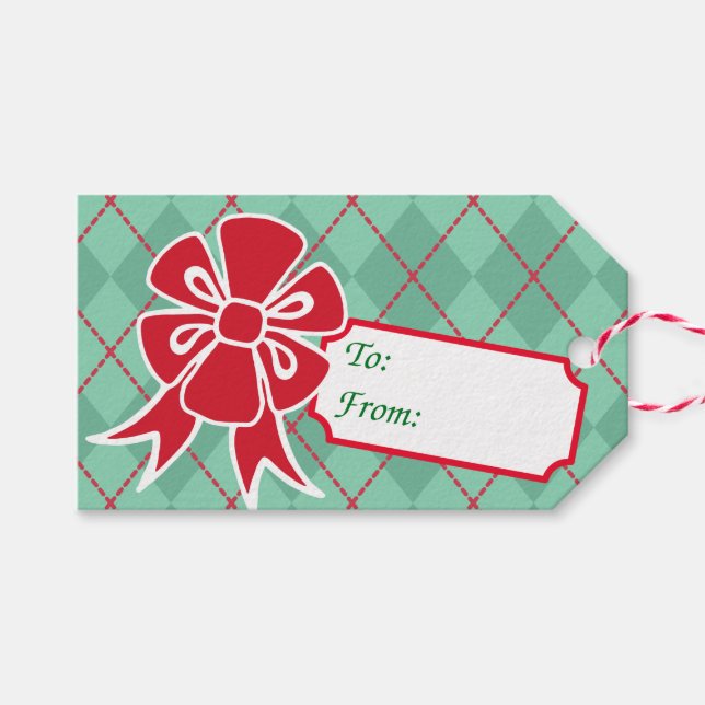 Retro Red jul Bow Gift-Märkre Presentetikett (Framsidan (Horizontal))
