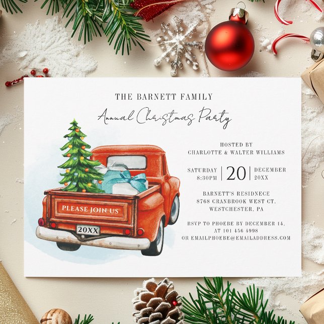 Retro Red Lastbil Årlig jul Party Inbjudningar (Retro Red Truck Annual Christmas Party Invitation)