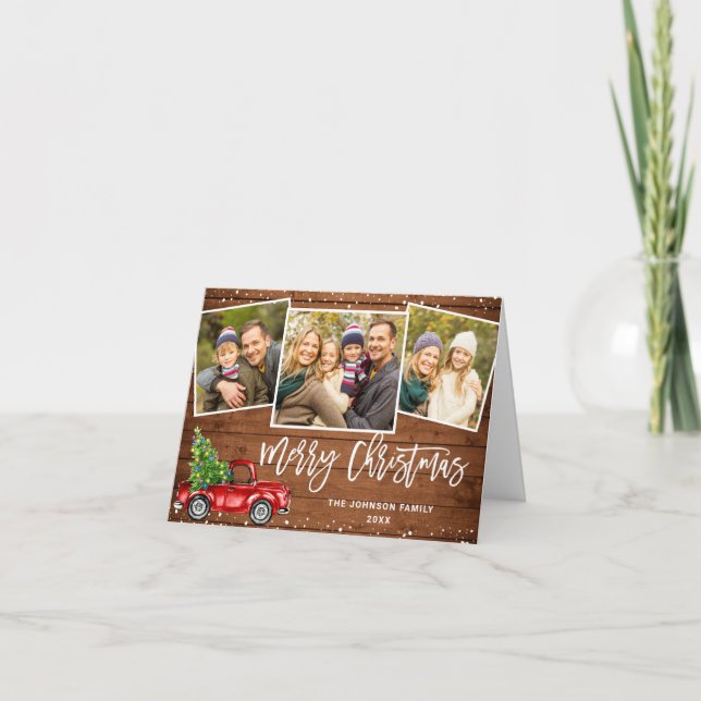 Retro Red Lastbil Rustic 3 PHOTO-jul Hälsning Helgkort (Framsida)