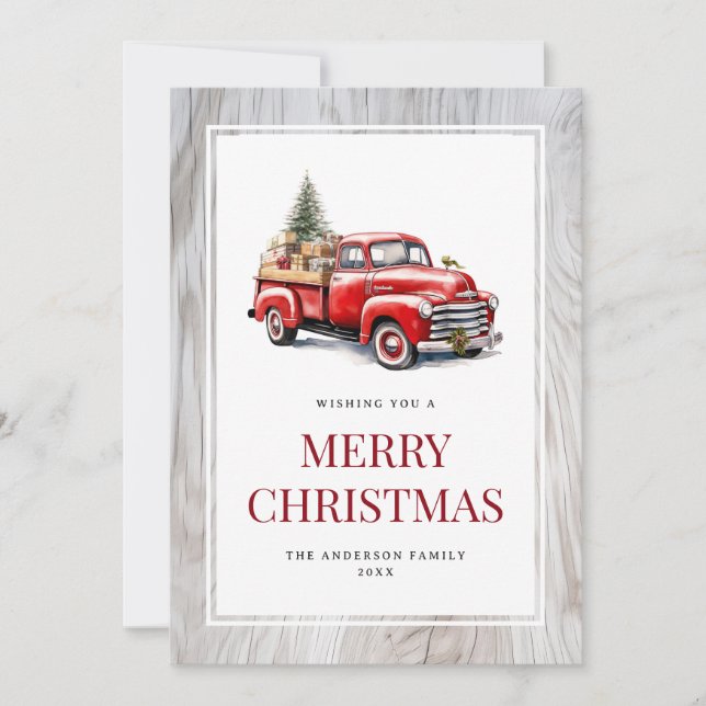 Retro Red Lastbil Rustic Wood God jul Card Julkort (Framsida)