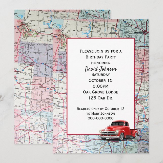 Retro Red Lastbil vid Karta för Party Inbjudningar (Fram/baksida)