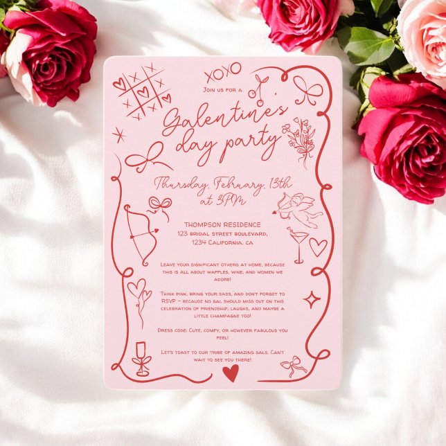 Retro Red och Pastel Rosa Galentine's Day Party Inbjudningar (Retro Red and Pastel Pink Galentine's Day Party Invitation)