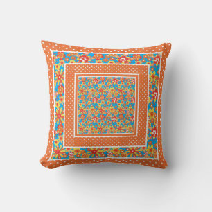Retro Red, Orange, Gult Blommigt på Blue, Polkas Kudde