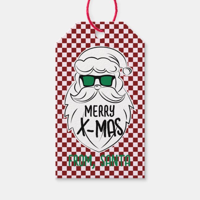 Retro Red Pink Checkered Santa Claus Christmas  Presentetikett (Framsidan)