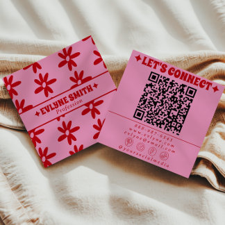 Retro Red Pink QR Code Groovy Floral Girly Trendy Fyrkantigt Visitkort