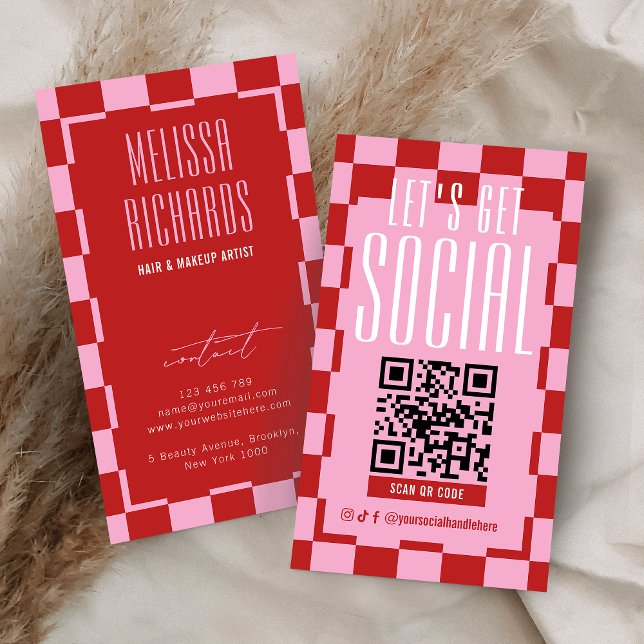 Retro Red & Pink Social Media Scannable QR Code Visitkort (Skapare uppladdad)